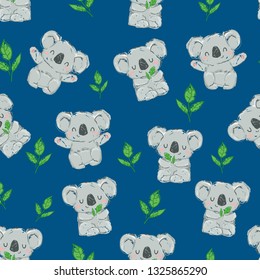 Koala and leaves pattern seamless. illustration. Fabric design.