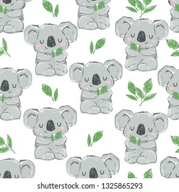 Koala and leaves pattern seamless. illustration. Fabric design.