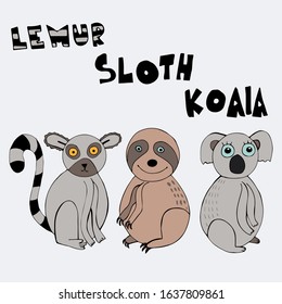 koala, lemur, sloth hand drawn vector illustration with Lettering. Can be used for card, mug, brochures, poster, t-shirts etc.