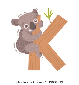 Koala and letter K. Vector illustration on a white background.