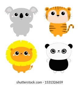 Koala Lion Panda bear Tiger icon set. Kawaii wild animal. Cute cartoon funny character. Flat design. White background. Isolated. Vector illustration