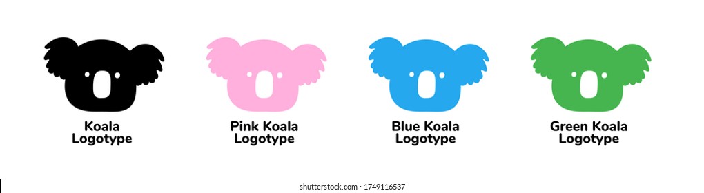 Koala logo design in pink, blue, green. Simple and modern logotype. Cute and funny animal silhouette design for children goods, print, zoo. Stock vector illustration icon isolated on white background