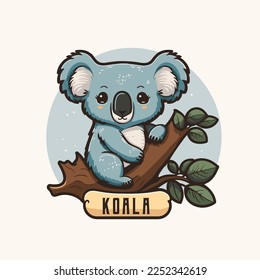 koala logo design template. Cute cartoon koala with leaves. Vector illustration in a flat color style