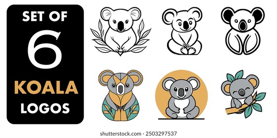 Koala Logo Set: 6 Unique Designs - Flat Vector Illustration