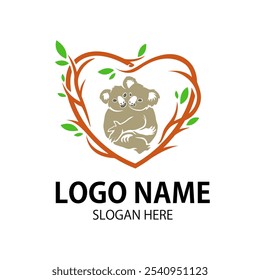 koala logo vector, two koala cubs are seen hugging each other with a love-shaped frame which adds a warm impression to the logo, very suitable for a community logo
