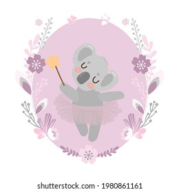 
koala with magic wand in oval frame with flowers