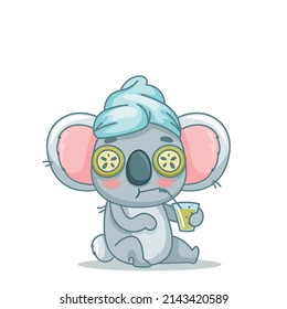 Koala makes spa treatments. He sits with cucumbers on his eyes, a towel on his head and silderea smoothies in his hands. Vector illustration for designs, prints, patterns. Isolated on white background