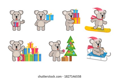 Koala mascot on Christmas holidays set. Cute koala holding gift box, decorating Christmas tree, snowboarding and showing other actions. Vector illustration bundle