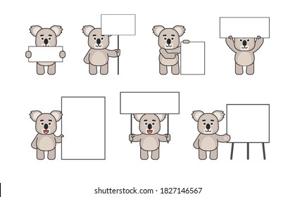 Koala mascot posing with various blank banners. Promote, advertise concept. Vector illustration bundle