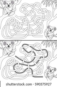 Koala maze for kids with a solution in black and white