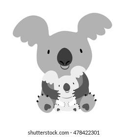 KOALA. Mom hugging baby. Australian marsupial bear. Vector Illustration. 