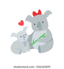 Koala Mom With Red Bow Animal Parent And Its Baby Parenthood Themed Colorful Illustration With Cartoon Fauna Characters