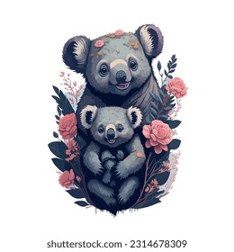 koala mom vector image illustration with koala baby and flowers background