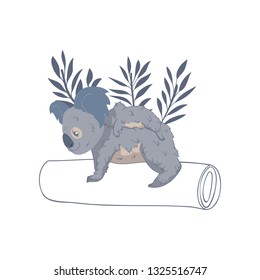 Koala mother with baby on back standing on tree trunk. Adorable marsupial animal. Wild Australian bear. Vector design