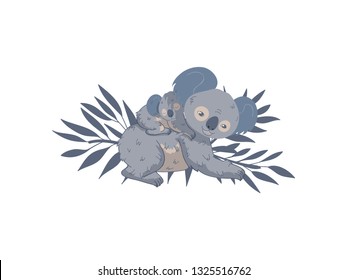 Koala mother with baby on back lying on branches of eucalyptus tree. Australian bears. Wild animals. Vector design