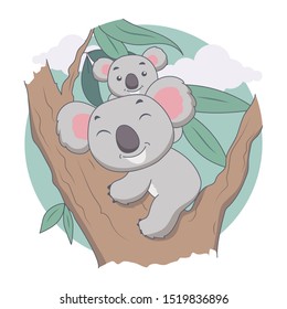 Koala and Mother in Tree. Animal, tree and Leave Vector Illustration