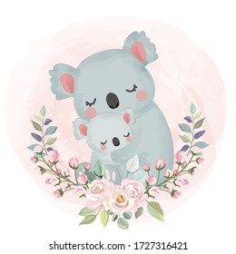 Koala motherhood, cute animal illustration, animal clipart, baby shower decoration, woodland illustration.
