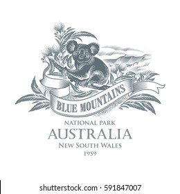 Koala, National Park, Blue Mountains, Australia, In Gray, Illustration, Vector