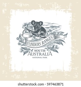 Koala, national Park Flinders Ranges, South Australia, vintage frame, illustration, vector