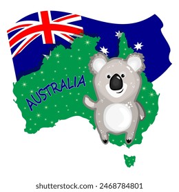 Koala on Australia map with flag isolated on white background. Australia day, koala, country map and flag. Koala and Australian map background. Stock vector illustration