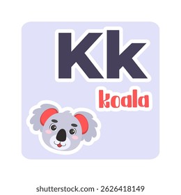 A koala is on a blue background with the letters K. English alphabet. Vector illustration in a flat style