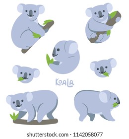 Koala on the branch eats green leaves, sits, hangs, walks. Set of simple cute vector illustrations of an animal, on a transparent background, name written by hand.