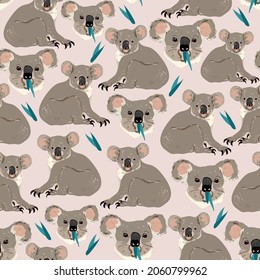 Koala on light pink background seamless vector pattern. Surface design for fabric, wallpaper, wrapping paper, scrapbooking, invitation card.