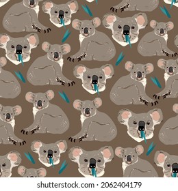 Koala on neutral brown background seamless vector pattern. Surface design for fabric, wallpaper, wrapping paper, scrapbooking, invitation card.