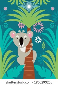 Koala en la palmera. Selva, trópica, selva tropical. Ilustración vectorial. Tarjeta, diseño de afiches