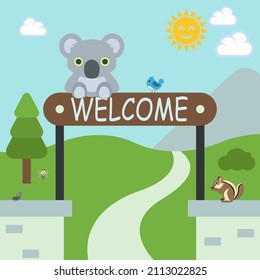 koala on signboard with text welcome and other animals with smiling sun in national park landscape