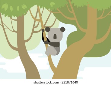 Koala on tree branch flat design cartoon vector wild animals in the forest. Flat zoo children collection.