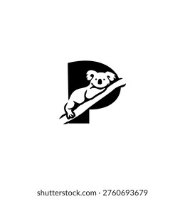 Koala on tree branch forming letter P. Natural and cute mascot for eco-friendly or children branding.