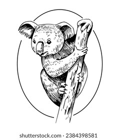 Koala on tree with child, black sketch vector illustration, isolated