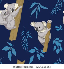 Koala en un árbol con diseño de patrón ininterrumpido, ilustración vectorial