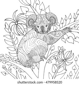 Koala on tree coloring page. Animals. Hand drawn doodle. Ethnic patterned illustration. African, indian, totem tatoo design. Sketch for avatar, tattoo, poster, print or t-shirt.