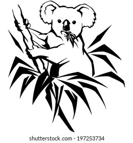 koala on a tree with leaves, australia, isolated figure, vector illustration