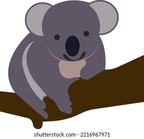 Koala on a tree. Wild animal with gray fur. Cartoon animal. Vector illustration.