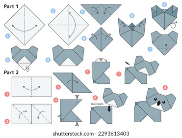 Koala origami scheme tutorial moving model. Origami for kids. Step by step how to make a cute origami koala. Vector illustration.