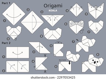 Koala origami scheme tutorial moving model on grey backdrop. Origami for kids. Step by step how to make a cute origami koala. Vector illustration.