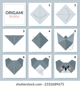 Koala origami scheme tutorial moving model. Origami for kids. Step by step how to make a cute origami tiger. Vector illustration.