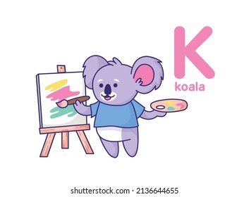 Koala paints on canvas. Wild animal painter. Cute animal. Vector illustration alphabet