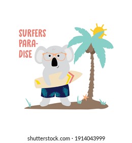 koala palm tree woodland animal wildlife text line summer surf board tee slogan