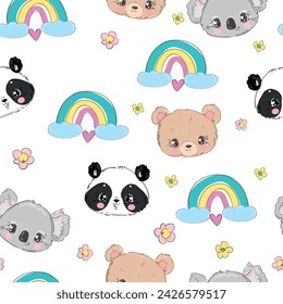 Koala, Panda and Teddy Bear and Rainbow Kids print pattern seamless Vector Illustration
