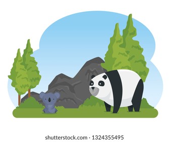 koala and panda wild animals with trees and stones