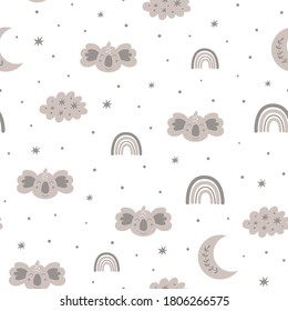 Koala pattern Baby scandinavian pattern Boho grey rainbows, cute koala face, sleeping. Kids animal texture