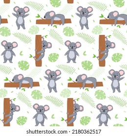 Koala pattern. Cute girl or boy animal print with tropical leaves and flowers, australian jungles, green forest. Seamless childish background. Decor textile, wrapping pape. Vector print