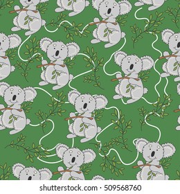Koala pattern. Cute koala with leaves on a green background. 
