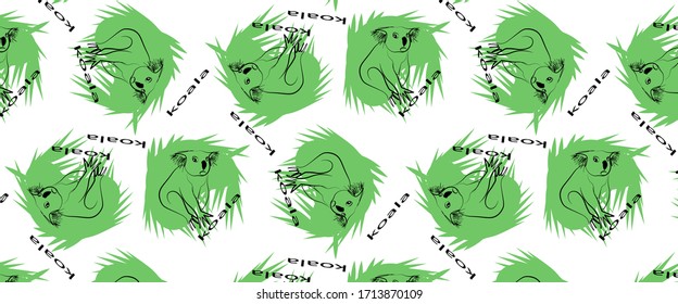 
Koala pattern on green foliage. Contour image. Lettering koala. Wallpaper baby tissue wrappers