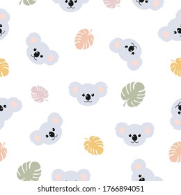 Koala pattern seamless vector background. Cute koala print with monstera leaves illustration isolated on white.