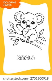 Un koala encaramado en una ilustración de diseño de Vector de rama de árbol para colorear lámina de jardín de infantes 